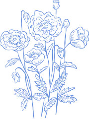 Flower and Leaf Line Art Blue Color Hand Drawn Sketch Style