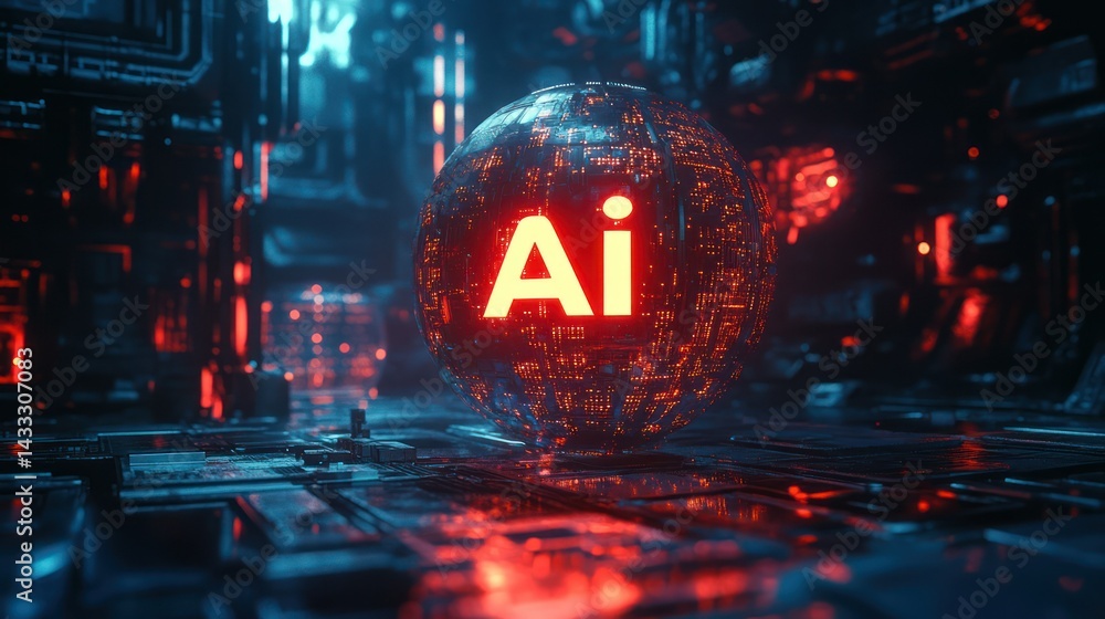 Poster ai sphere radiates, highlighting intricate circuitry amidst complex machinery, hinting at a technolo