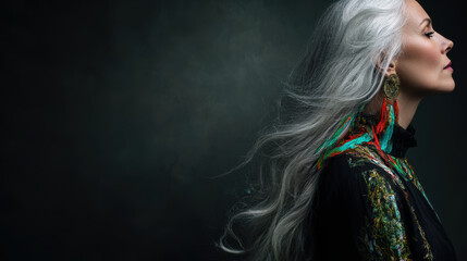Fototapeta premium Elegant woman with long silver hair, wearing colorful earrings and patterned garment, exuding confidence and grace