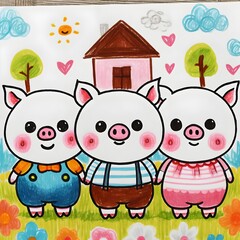 Fototapeta premium Cartoon Pig Family - Three Little Pigs - Drawing