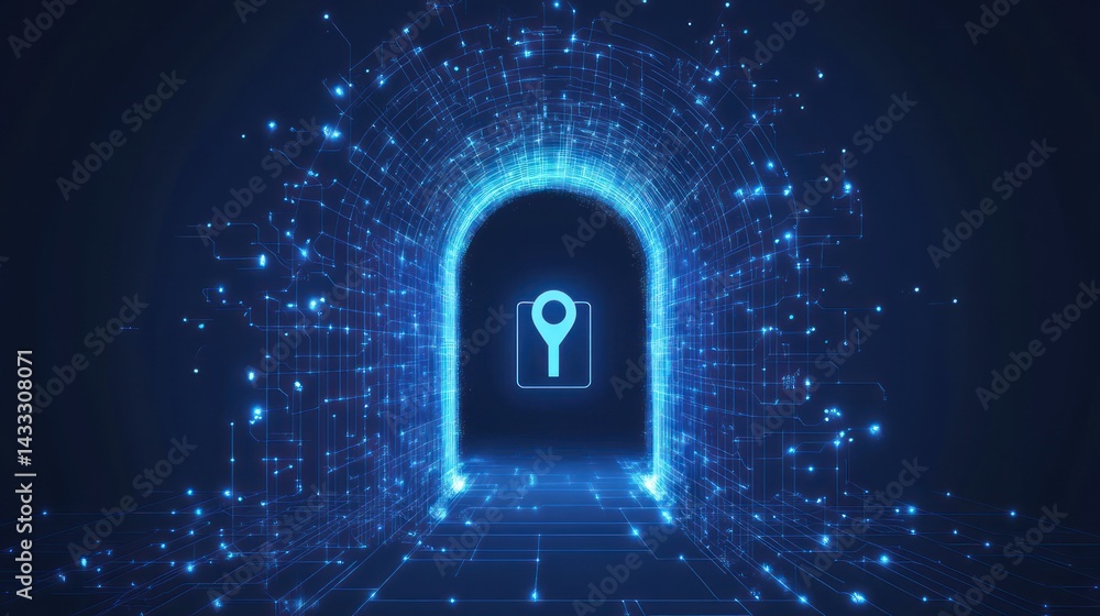 Poster virtual doorway glows, creating portal with digital network, hinting at secure technology, cyberspac