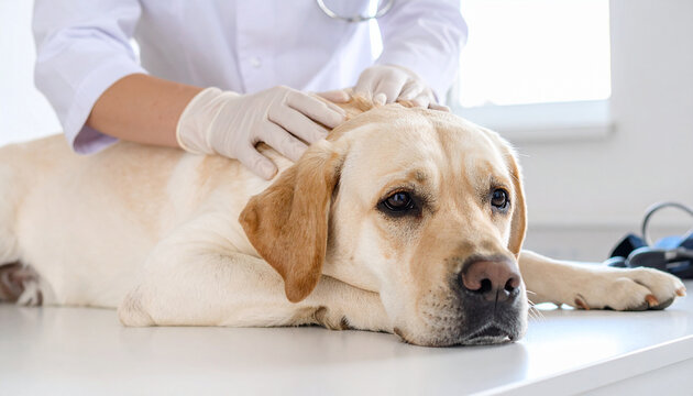 Un perro de raza labrador tumbado en una cl&iacute;nica veterinaria con el cuidado de un profesional veterinario 