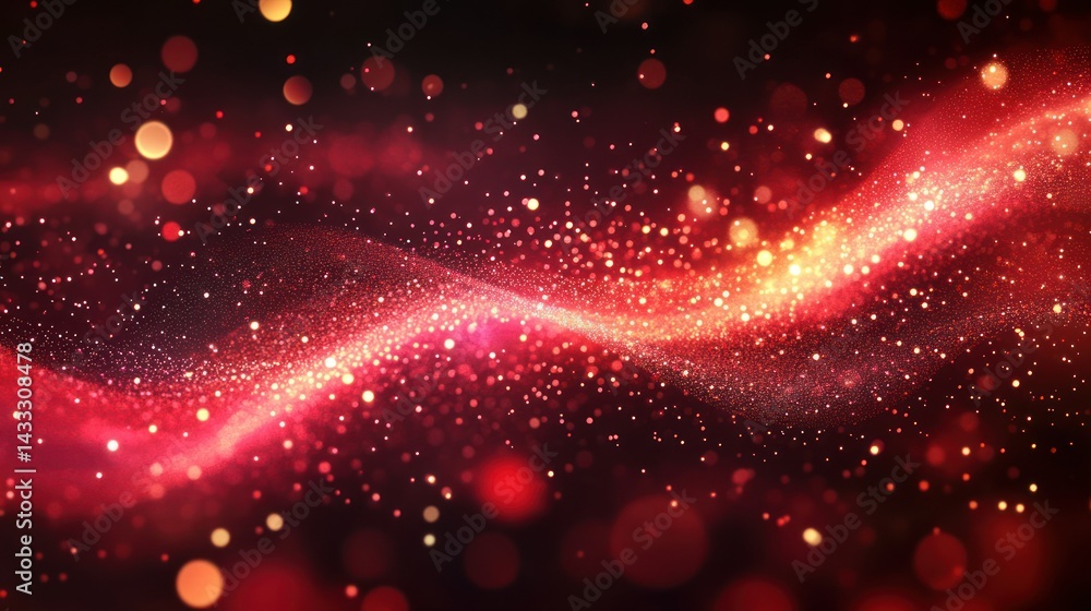 Poster glittering lights streak, forming shimmering red wave on dark backdrop, creating festive abstract pa
