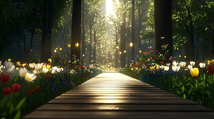 Obraz premium Enchanting garden pathway full of flowers illuminated by sunlight serene forest environment nature photography