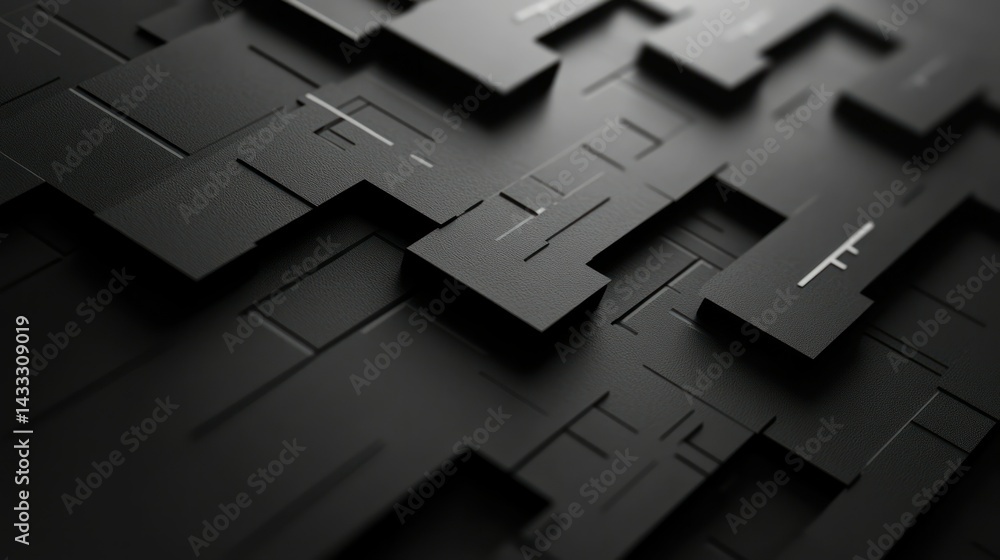 Poster abstract shapes combine creating striking 3d render, featuring geometric forms in black and gray.