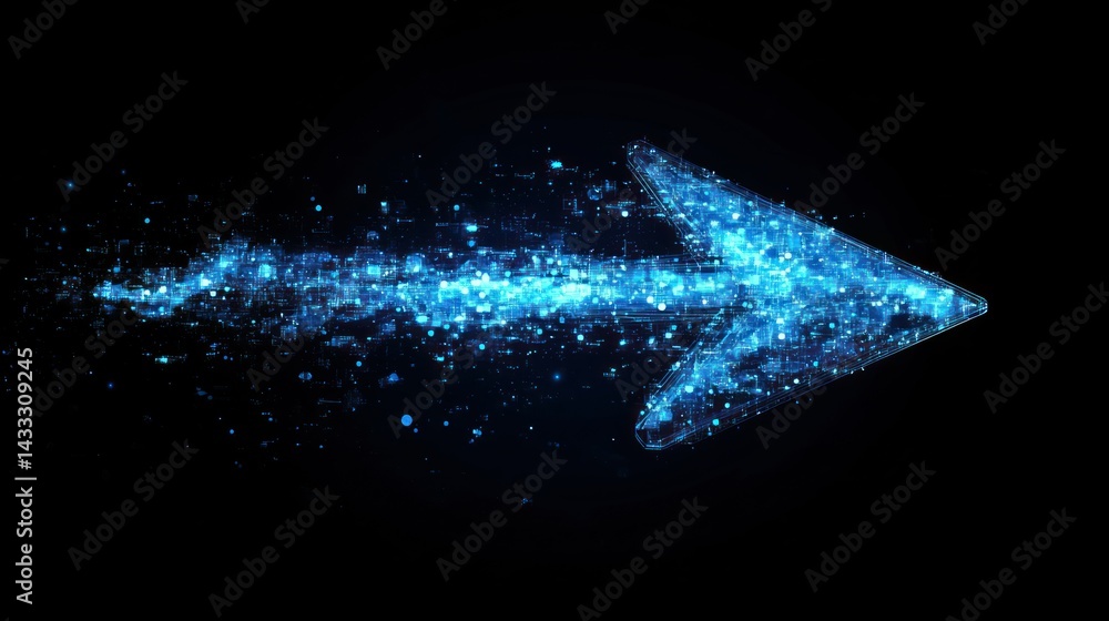 Poster digital arrow, constructed from glowing code, points forward, representing technological advancement