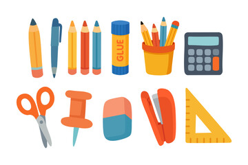 Cartoon flat vector of school stationery items: pencils, ruler, glue, scissors, calculator, eraser, stapler.