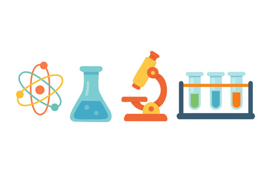 Cartoon science equipment set with microscope, atom, flasks and test tubes. Flat vector illustration for education.