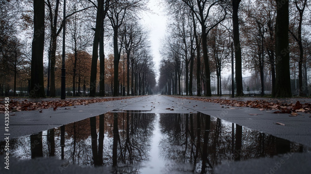 Poster a reflective puddle mirrors rows of tall bare trees in a scene