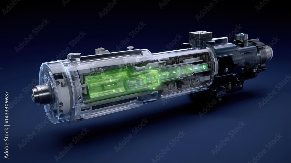 Poster cross section of hydraulic system showcasing intricate components and glowing green element, illustr