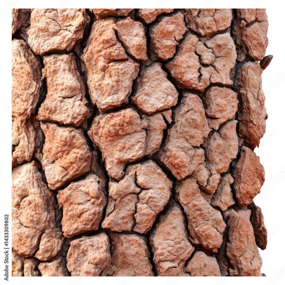 Poster close-up texture of a rough tree bark with natural patterns and colors, isolated on transparent back