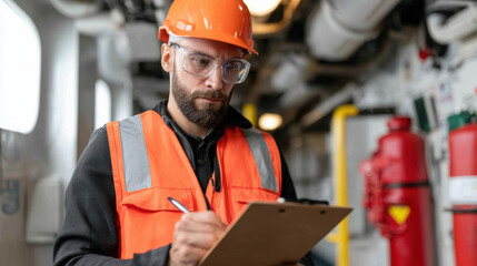 ship engineer in orange safety vest and helmet reviews checklist while taking notes on clipboard, showcasing focused and diligent approach to safety and maintenance