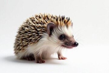 Fototapeta premium Close-up of a single hedgehog against a stark white backdrop, detail, pet