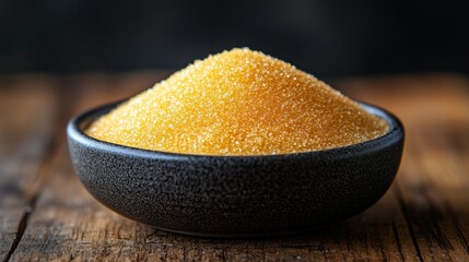 Pile of yellow granular food in dark bowl