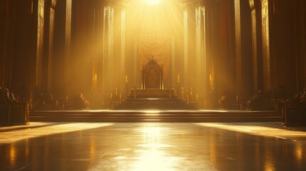 Golden hall, majestic architecture filled with grandeur, ornate details, sunbeams, evokes royalty, luxury, history.