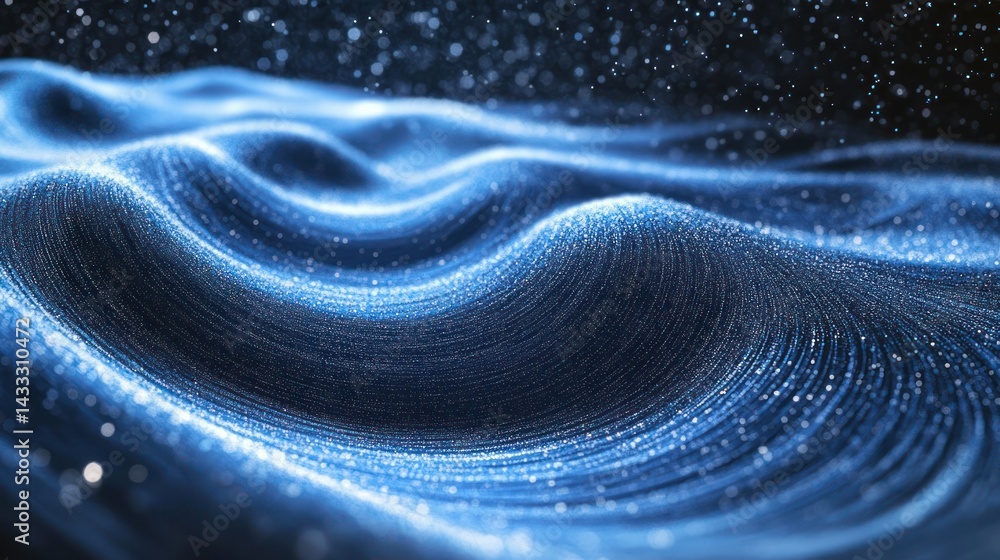 Poster waves shimmer, featuring abstract design, sparkling texture, glowing particles in dynamic patterns, 
