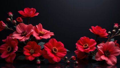Red flowers over dark background, perfect for posters or romantic cards, deep tone contrast