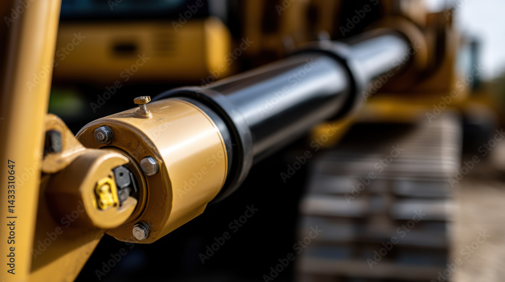 Poster dramatic side view of hydraulic cylinder mounted on heavy machinery, showcasing its robust design an