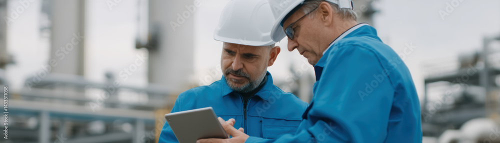 Aufkleber efficient technicians collaborate on digital tablet, showcasing teamwork in industrial setting. thei