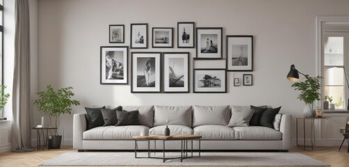 Bright, airy living room with empty black photo frames on a feature wall, modern feel,  room,  plants