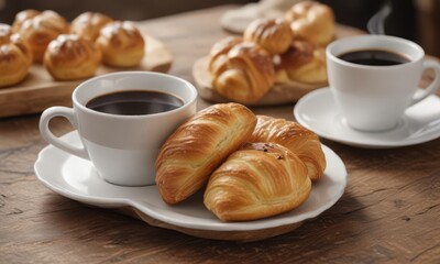 Close-up of coffee and pastries; rustic setting ,  warm,  cinnamon
