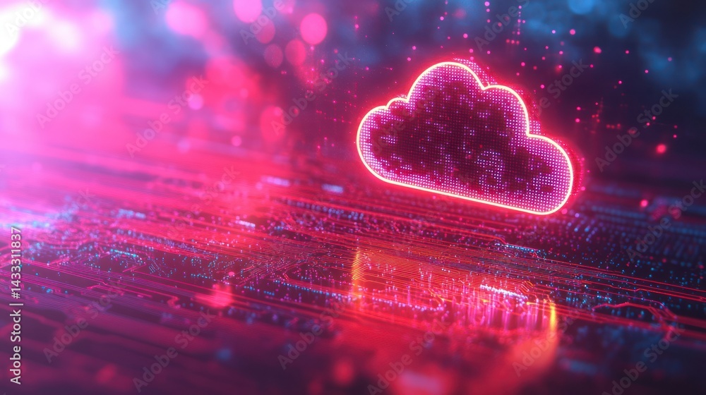Aufkleber cloud computing dominates with digital representation, emphasizing data storage, futuristic design, 
