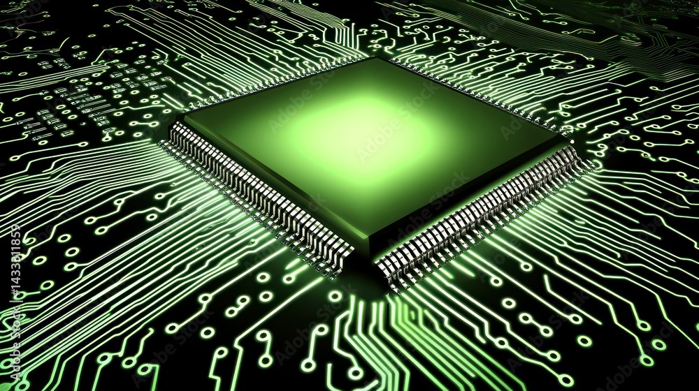 Poster a glowing green computer processor on a dark circuit board