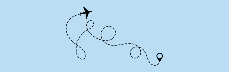dotted route line the way airplane. Plane paths. Aircraft tracking, planes, travel, map pins, location pins. Vector illustration.