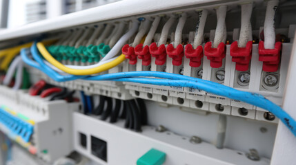 Close up of electrical connectors showcasing variety of colored wires, including red, blue, and green, arranged neatly in panel. This highlights intricate details of wiring in engineering context