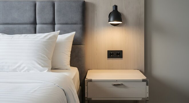 AI image highlights a modern hotel bedside area featuring a grey upholstered headboard, nightstand, lamp, and power outlet.