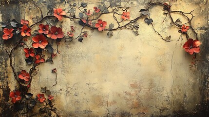 Rustic Elegance: Red Flowers on Textured Beige Background