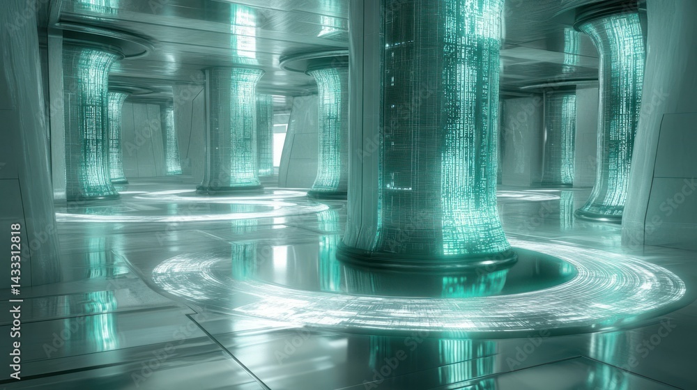 Aufkleber a futuristic interior with illuminated columns and circular pathways