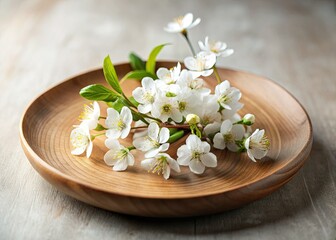 Minimalist Elegant Wooden Plate White Blossoms Neutral Background Photography