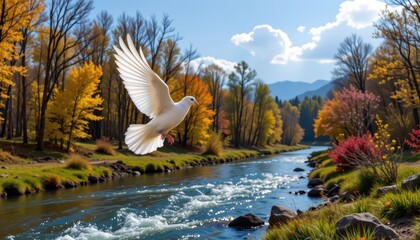 White dove flying over river in forest, symbol of peace in natural vibrant setting