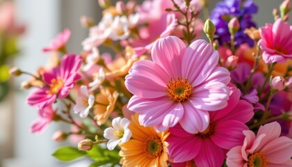 Spring bouquet in full bloom, bursting with colorful fresh flowers in natural light