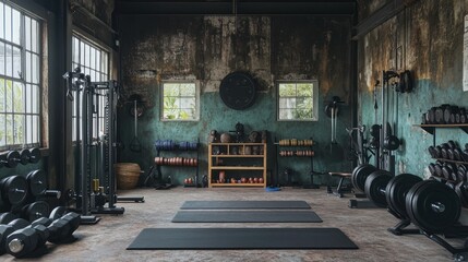 A well equipped and aged indoor workout space with equipment