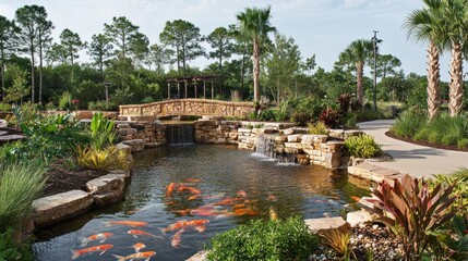 A Beautiful Garden Landscape Features a Pond and Ornamental Fish