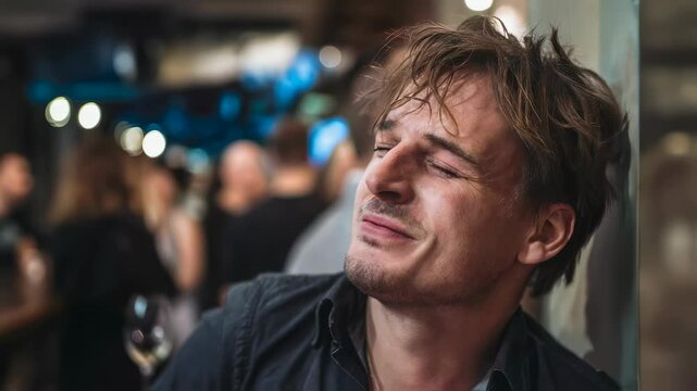 Man with eyes closed wincing at a party. Close up of man with a funny facial expression. People enjoying social gathering in the background. Motion video for entertainment and lifestyle content.