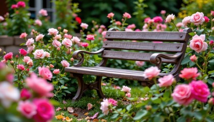 Wooden bench surrounded by blooming roses, romantic garden scene, flower focus