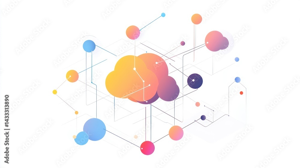 Aufkleber network of colorful nodes with lines connects cloud, dots create abstract, futuristic, technological