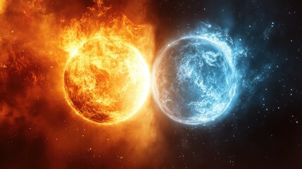 Obraz premium Celestial bodies emit heat, illuminating cosmos with contrasting fire, ice representing cosmic energy