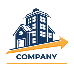 Fototapeta premium Buildings Silhouette Icon with Arrow Accent, Modern Architecture, Company Text Below