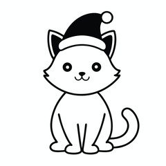 kitten wearing a santa hat line art on white background