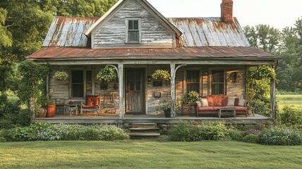 Rustic Farmhouse with Rusty Tin Roof and Inviting Porch at Sunri