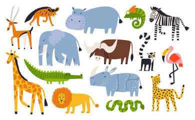 African safari animals in cute flat hand drawn set. Giraffe, elephant, cheetah and others. Perfect for prints, clipart, jungle themes, wildlife projects, and kids' designs. © Veronica