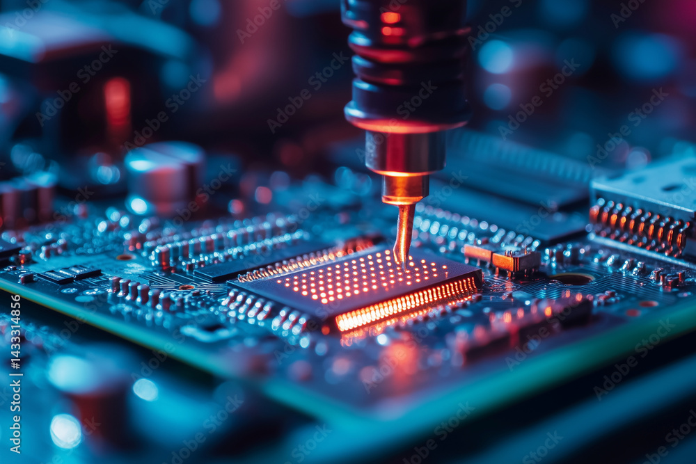 Poster computer chip is being soldered onto a circuit board. concept of precision and technical expertise, 