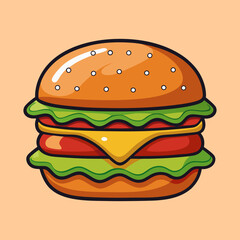 Delicious Cartoon Cheeseburger with Lettuce, Tomato and Cheese on a Peach Background