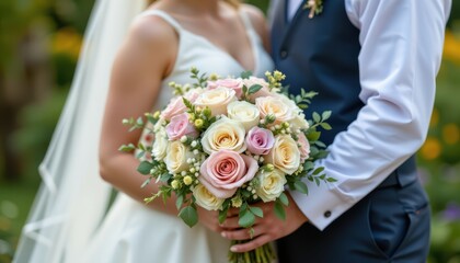 Close up of wedding couple holding floral bouquet, romantic emotional moment