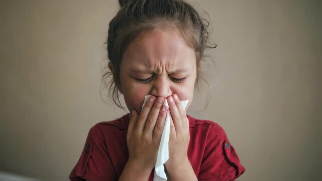 Sick child girl blowing nose close up. Child with handkerchief close up. Sinusitis child concept video. Health, allergy and cold motion footage.