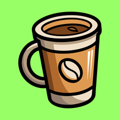 Cartoon Coffee Cup Illustration with Bean Design on a Light Green Background